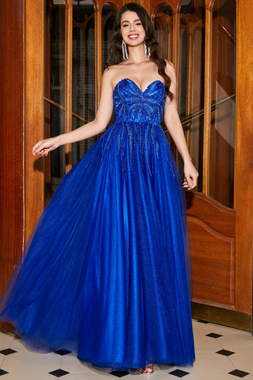 A-Line Sweetheart Royal Blue Prom kjole med perler